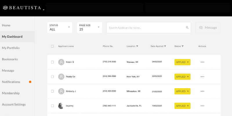 Beautista educator dashboard showing candidate profiles and applications