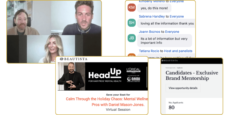 Beautista webinar interface showing engaged participants and chat